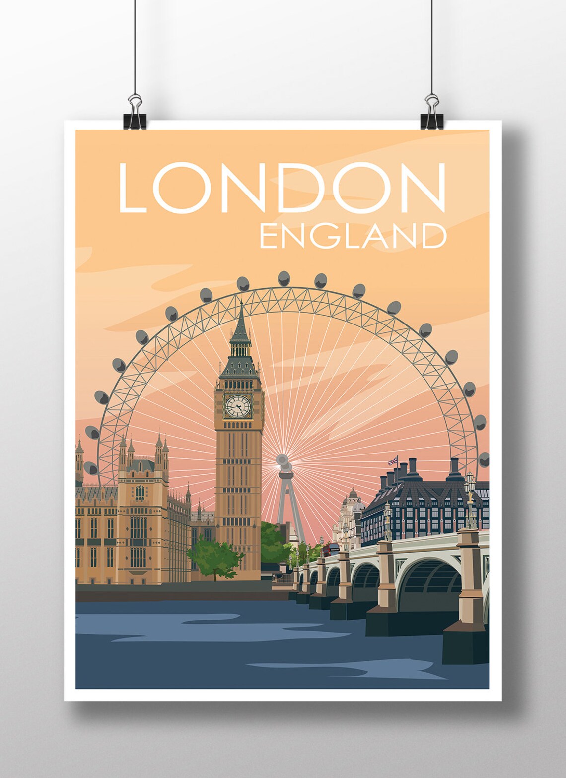 London England Vintage Travel Poster, Retro Art Print