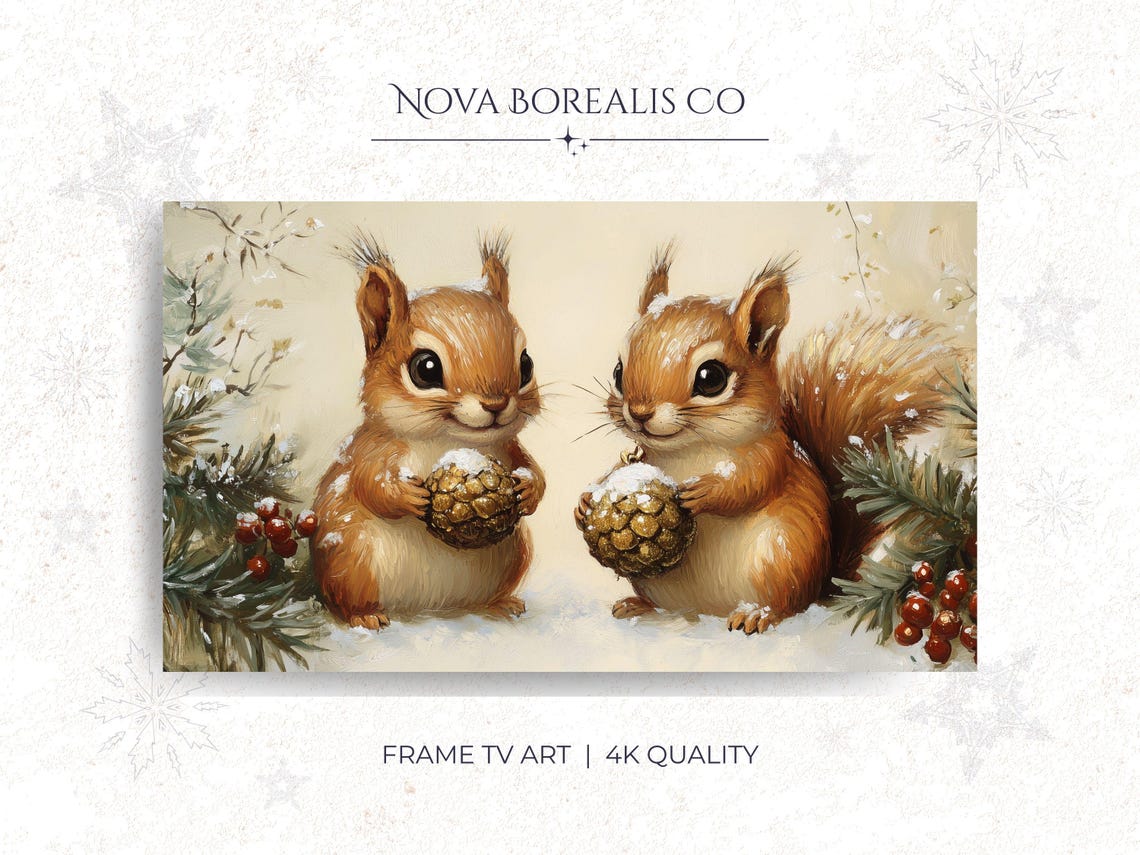 Festive Winter Squirrels Pair Pinecones Snow Holiday Art Print