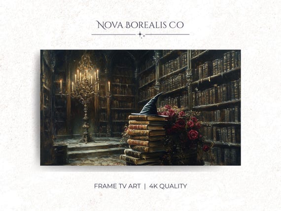Vintage Gothic Library Interior Art Frame Tv At Dusk Rustic Bookshelves Wall Decor Moody Elegant Study 28