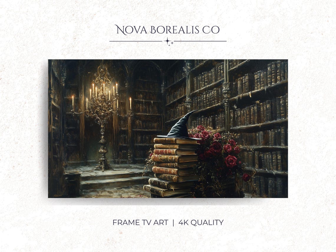 Gothic Library Book Stack Witch Hat Red Roses Candlelight Dark Art Poster