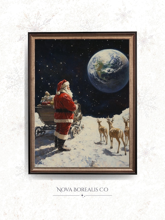 Vintage Santa Claus Reindeer Sleigh Starry Night Sky Christmas Art Poster