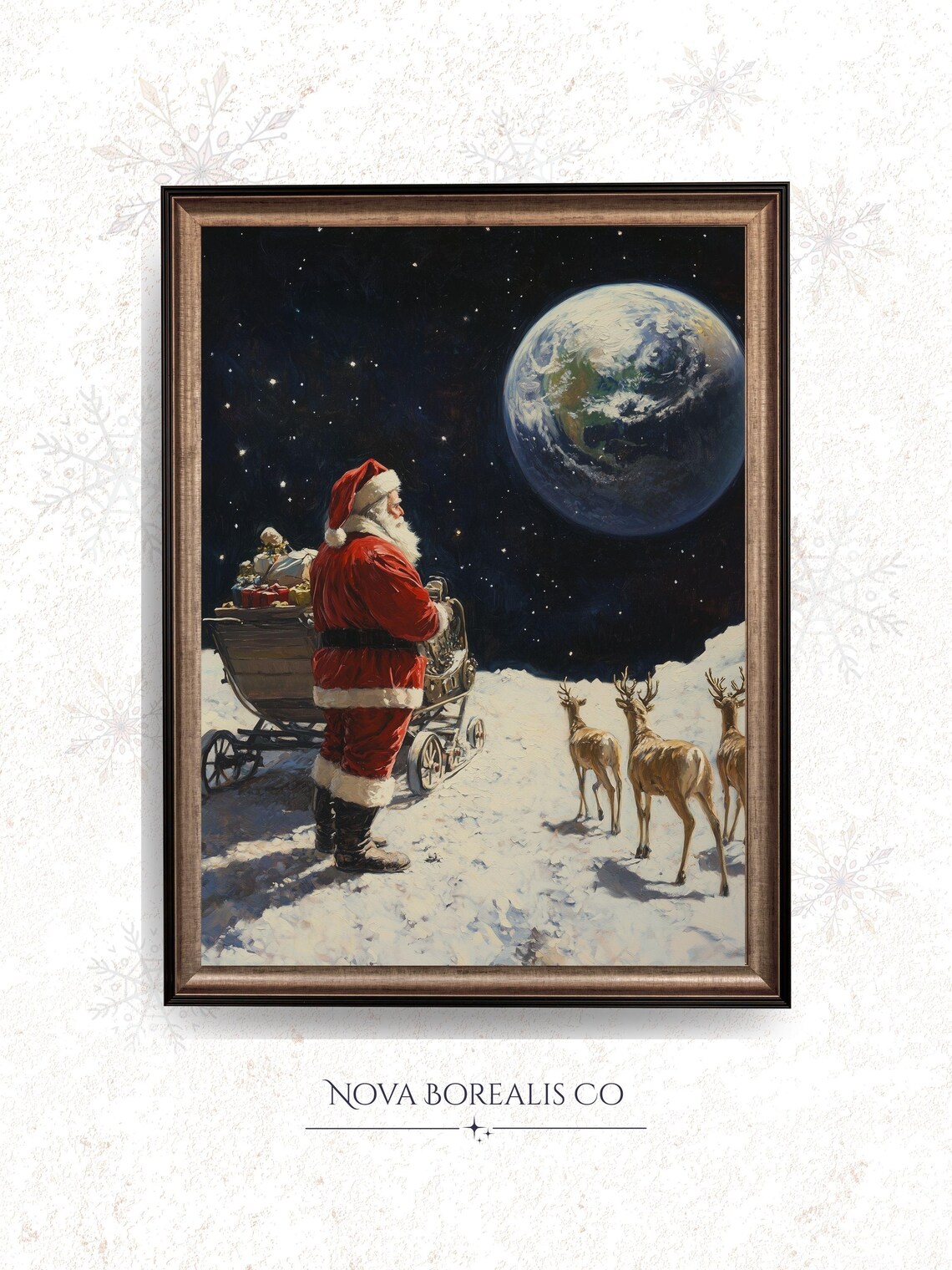 Vintage Santa Claus Reindeer Sleigh Starry Night Sky Christmas Art Poster