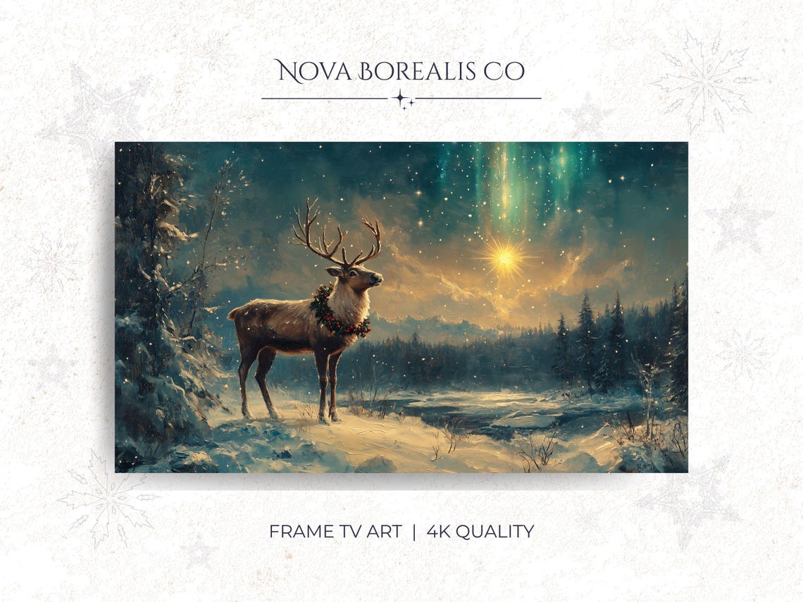 Reindeer Under Northern Lights Starry Night Winter Art Poster