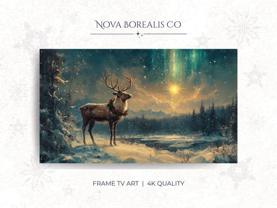 Moody Winter Landscape Frame Tv Art Proud Reindeer In Snowy Clearing Rustic Christmas Decor Aurora Borealis 66