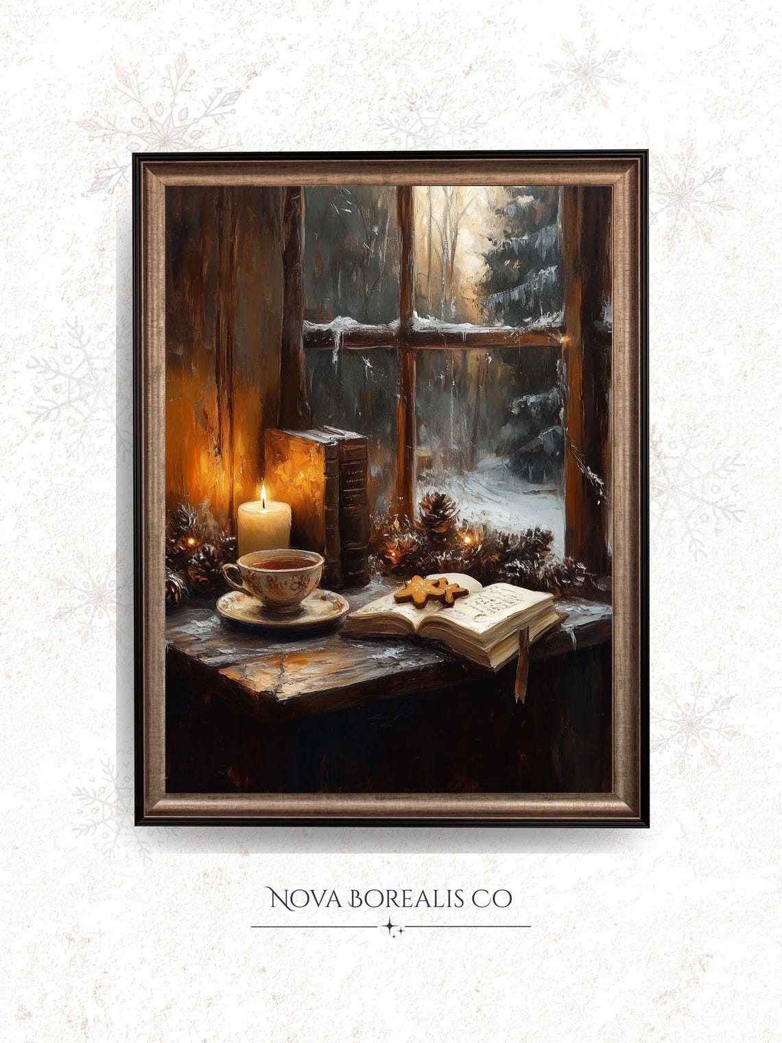 Cozy Candlelit Window Desk Books Tea Cup Snowy Night Still Life Poster