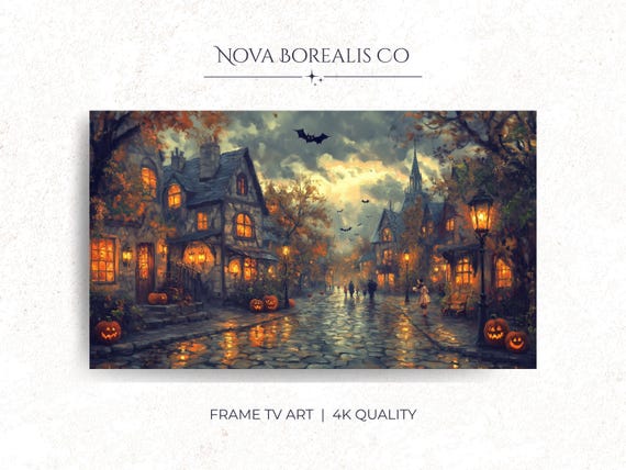 Halloween Frame Tv Art Quaint French Village Street Scene Spooky Fall Decor Rustic Pumpkin Landscape For 21