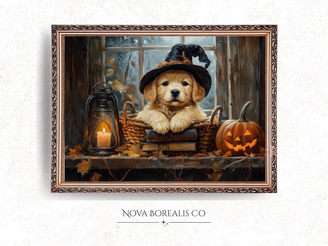 Golden Retriever Witch Hat Puppy Poster Cute Halloween Dog Pumpkin Art