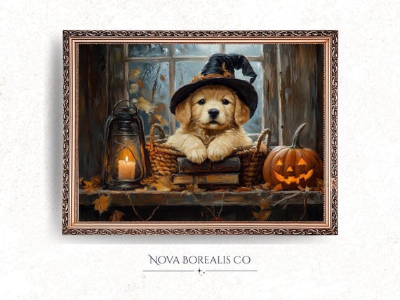 Sleepy Golden Retriever In Witch Hat Rustic Autumn Puppy Art Halloween Decor Moody Lantern Painting Wall 26