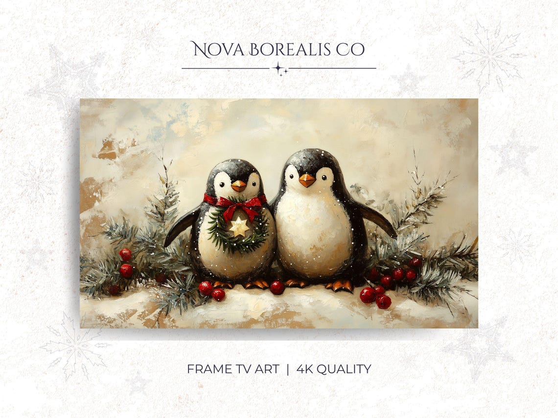 Vintage Christmas Penguins Pair Festive Winter Painting Wall Art