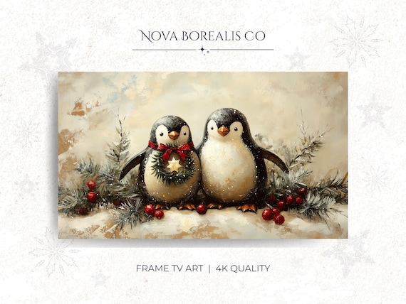 Vintage Christmas Penguins Pair Festive Winter Painting Wall Art