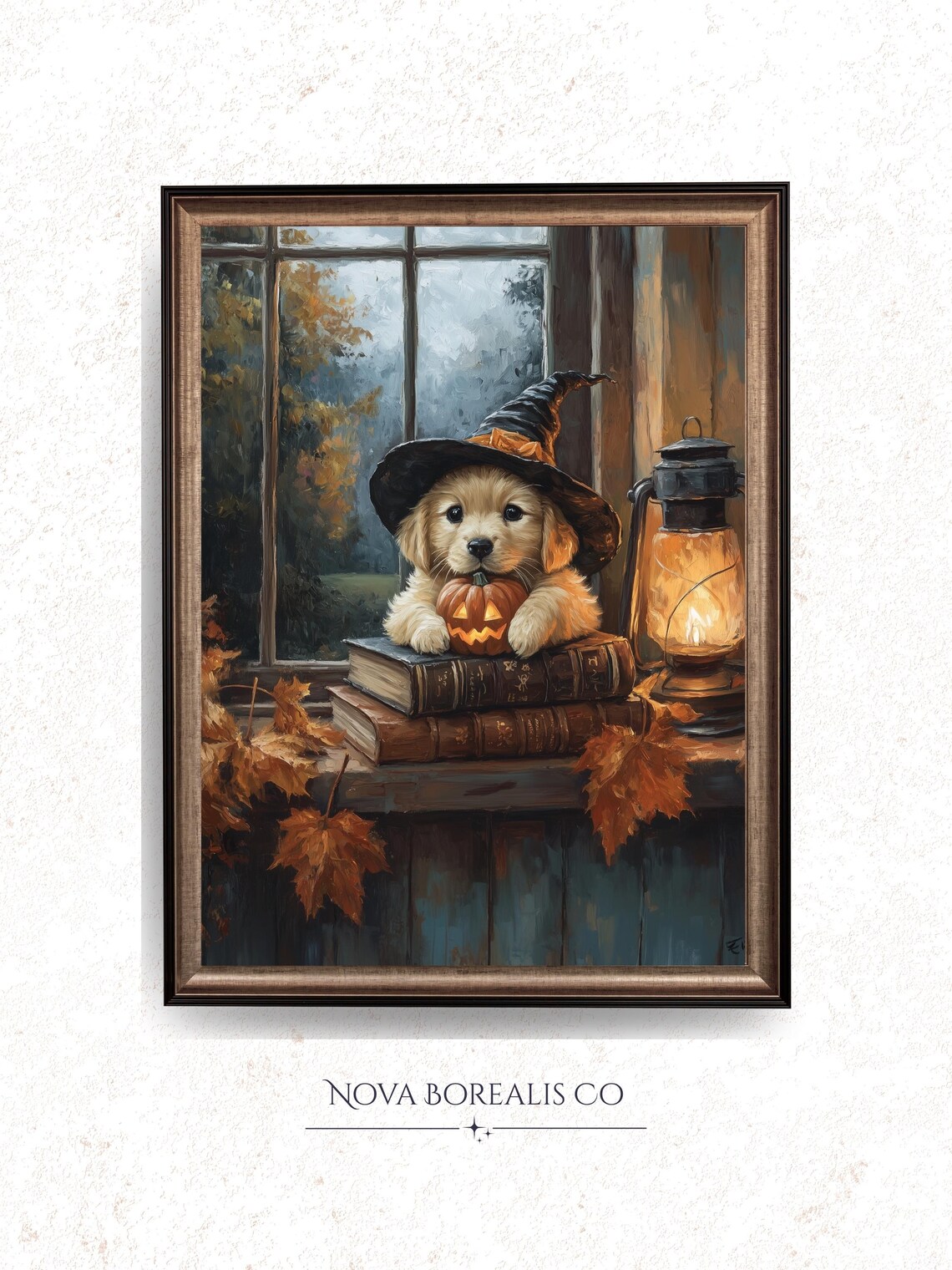 Golden Retriever Puppy Witch Hat Halloween Painting Pumpkin Books Poster