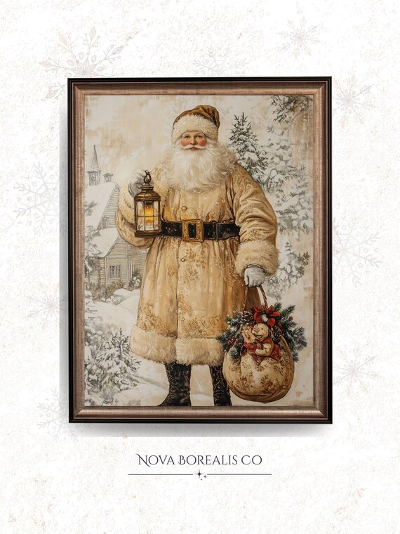 Vintage Santa Claus Cream Coat Lantern Christmas Village Art Poster