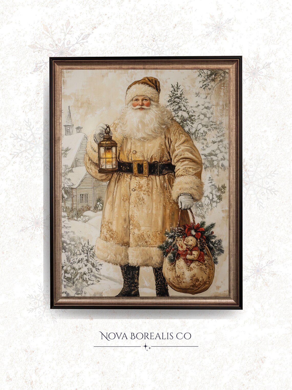 Vintage Santa Claus Cream Coat Lantern Christmas Village Art Poster