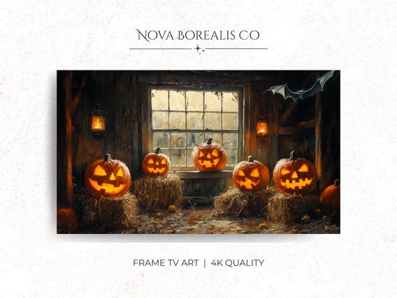 Halloween Pumpkins Frame Tv Art Rustic Barn Interior For Autumn Decor Spooky Carved Pumpkin Painting 18