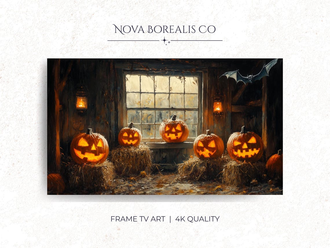 Halloween Pumpkins Frame Tv Art Rustic Barn Interior For Autumn Decor Spooky Carved Pumpkin Painting 18