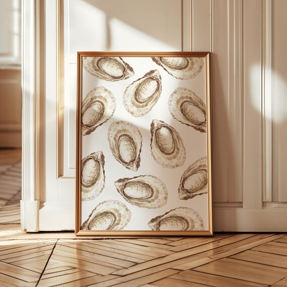 Scattered Neutral Beige Oyster Shell Pattern Coastal Poster Art