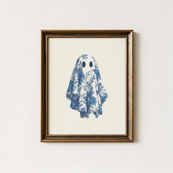 Blue Toile Floral Sheet Ghost Cute Halloween Spooky French Decor Wall Art