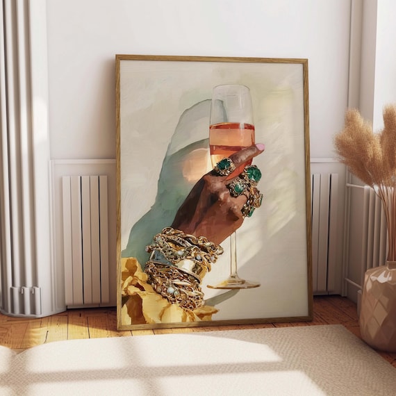 Champagne Glass Jeweled Hand Gold Bracelets Glam Pink Drink Poster