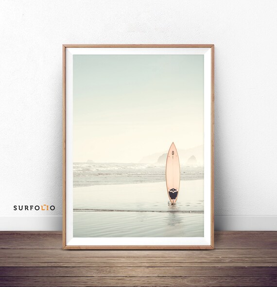 Surfboard On Beach Sunrise Minimal Ocean Photography Coastal Poster