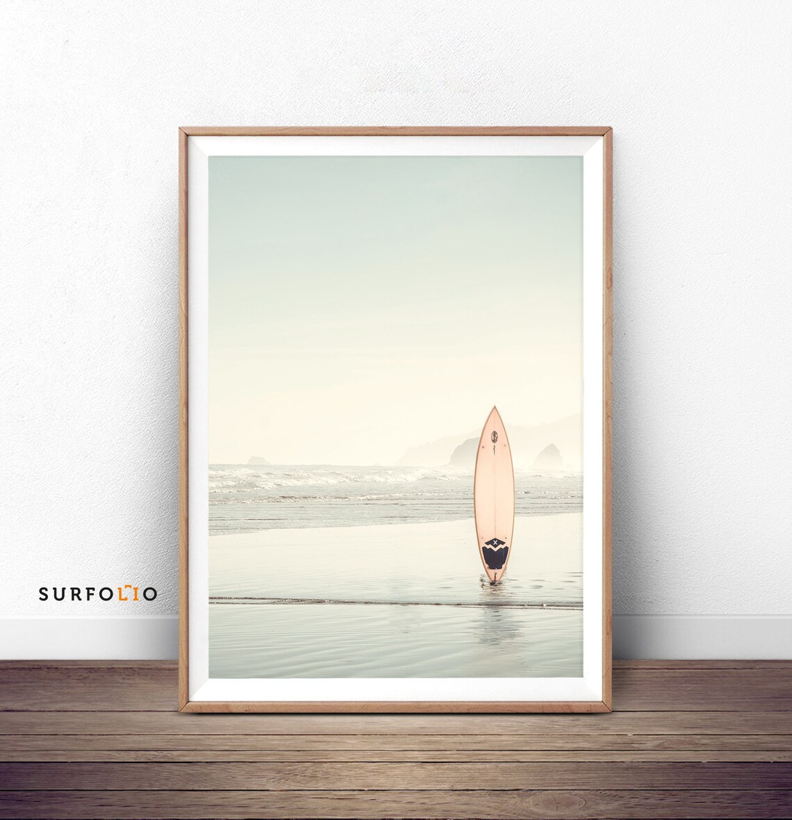 Surfboard On Beach Sunrise Minimal Ocean Photography Coastal Poster