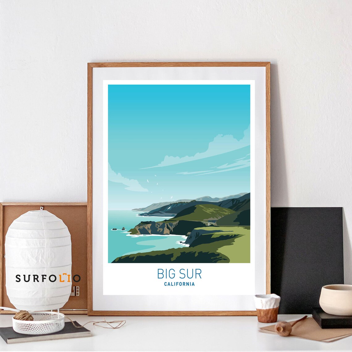 Big Sur California Coastal Cliffs Illustrated Travel Art Poster