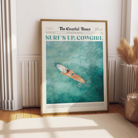 Surfs Up Cowgirl Coastal Newspaper Poster