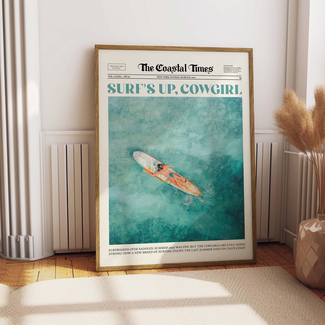 Surfs Up Cowgirl Coastal Newspaper Poster