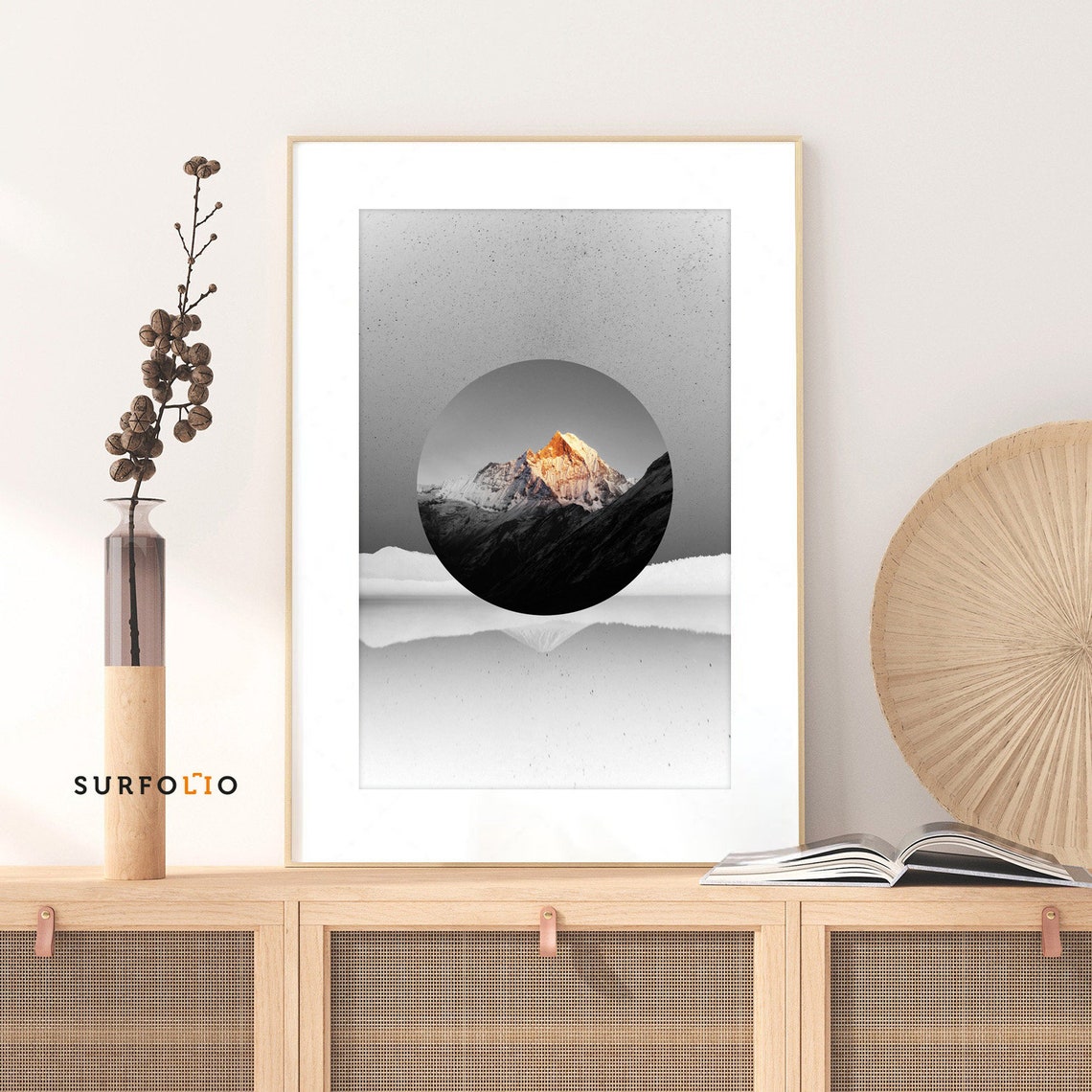Japandi Mountain Sunrise Circle Minimalist Abstract Art Poster