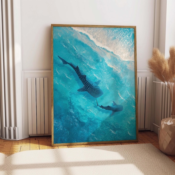 Whale Sharks Swimming Turquoise Ocean Aerial View Marine Life Poster