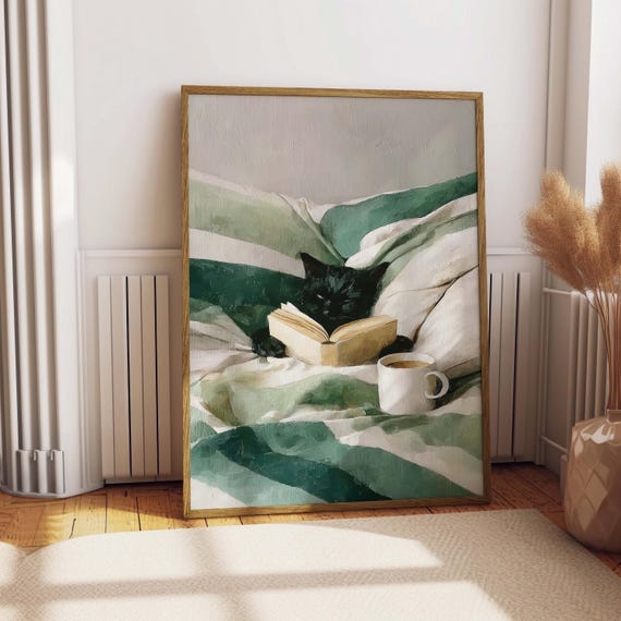 Cozy Black Cat Reading Book Art Print Whimsical Coffee Pet Poster Digital Download