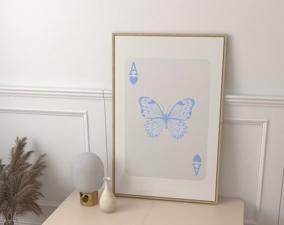 Blue Wall Art Playing Card Print Butterfly Poster Light Blue Art Prints Trendy Print Blue Dorm Poster Poker Print Playcard Art Print