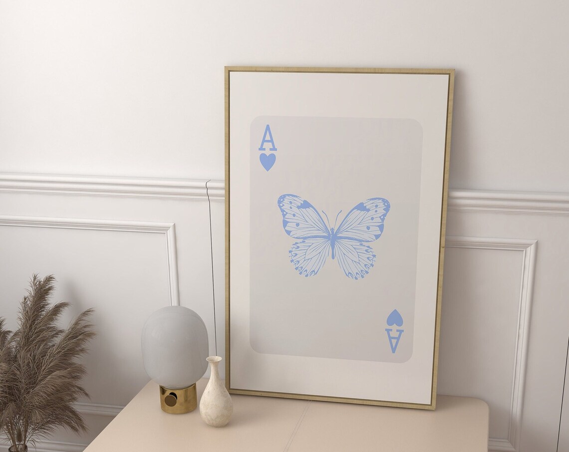 Light Blue Ace Of Hearts Butterfly Playing Card Aesthetic Wall Art