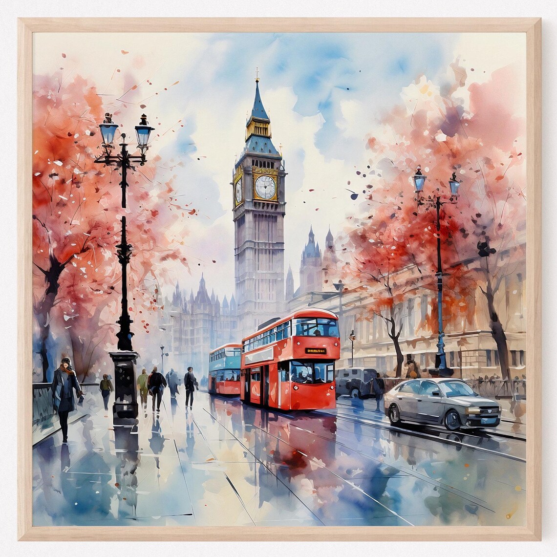 London Big Ben Red Bus Autumn Rain Watercolor Cityscape Poster