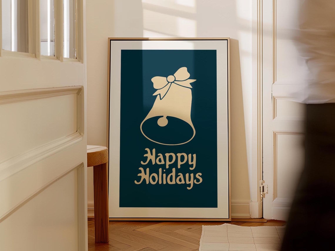 Happy Holidays Cream Bell Bow Minimalist Navy Christmas Art Poster