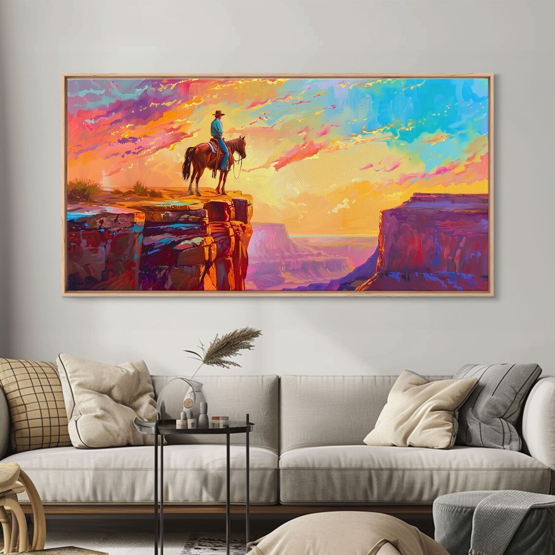 Lone Cowboy On Horse At Canyon Edge Vibrant Sunset Western Print - Image 3
