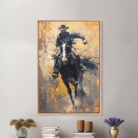 Intense Cowboy Riding Fast Framed Print High Energy Western Decor Exciting Wall Art For Living Room Bedroom