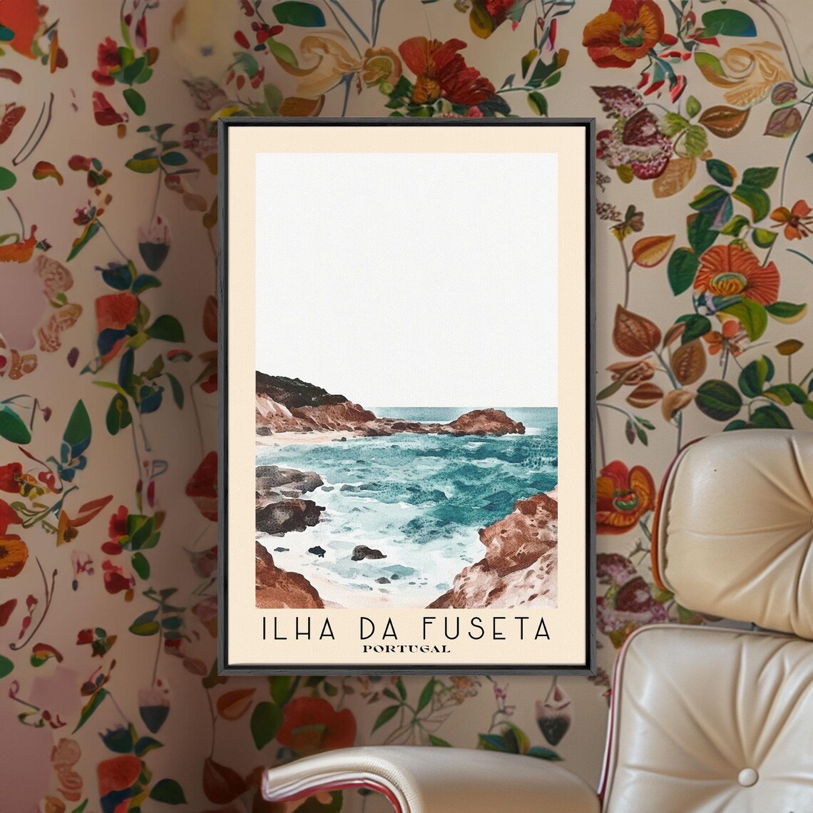 Ilha Da Fuseta Portugal Red Rocky Cove Turquoise Surf Watercolor Art Poster - Image 2