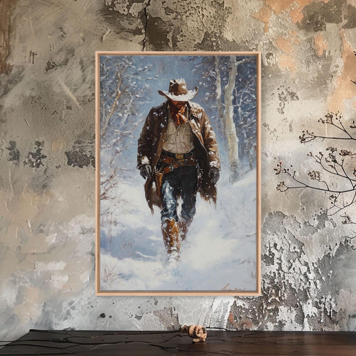 Lone Cowboy Walking Snowy Birch Forest Duster Coat Winter Poster - Image 3