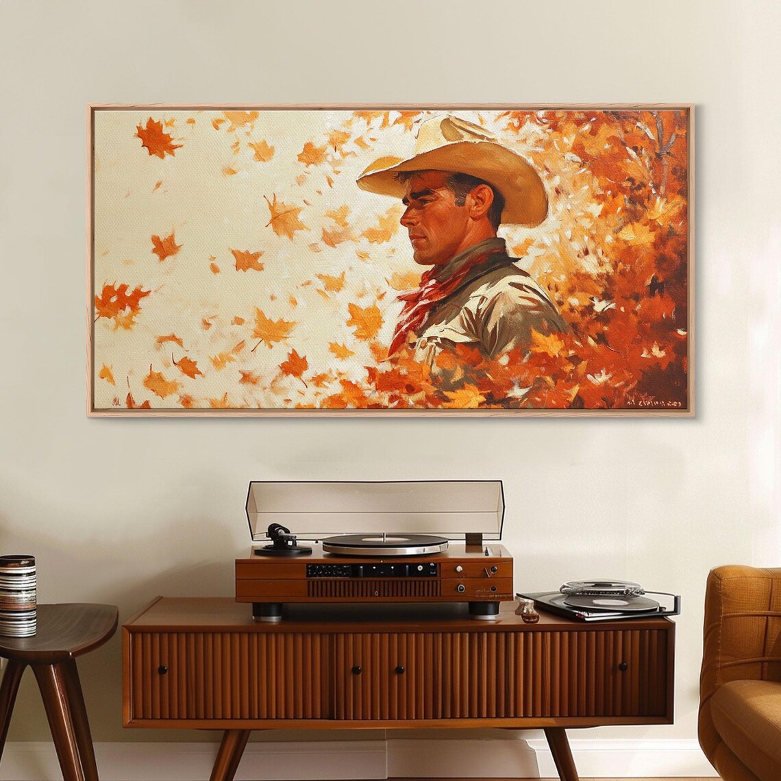 Vintage Cowboy Portrait Surrounded By Falling Autumn Leaves Print - Image 3