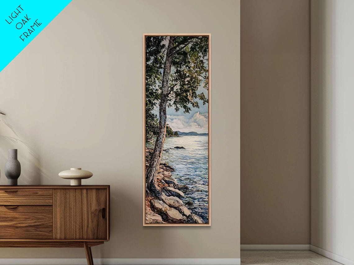 Birch Tree on Rocky Lakeshore Calm Blue Water Scene Wall Art - Image 4