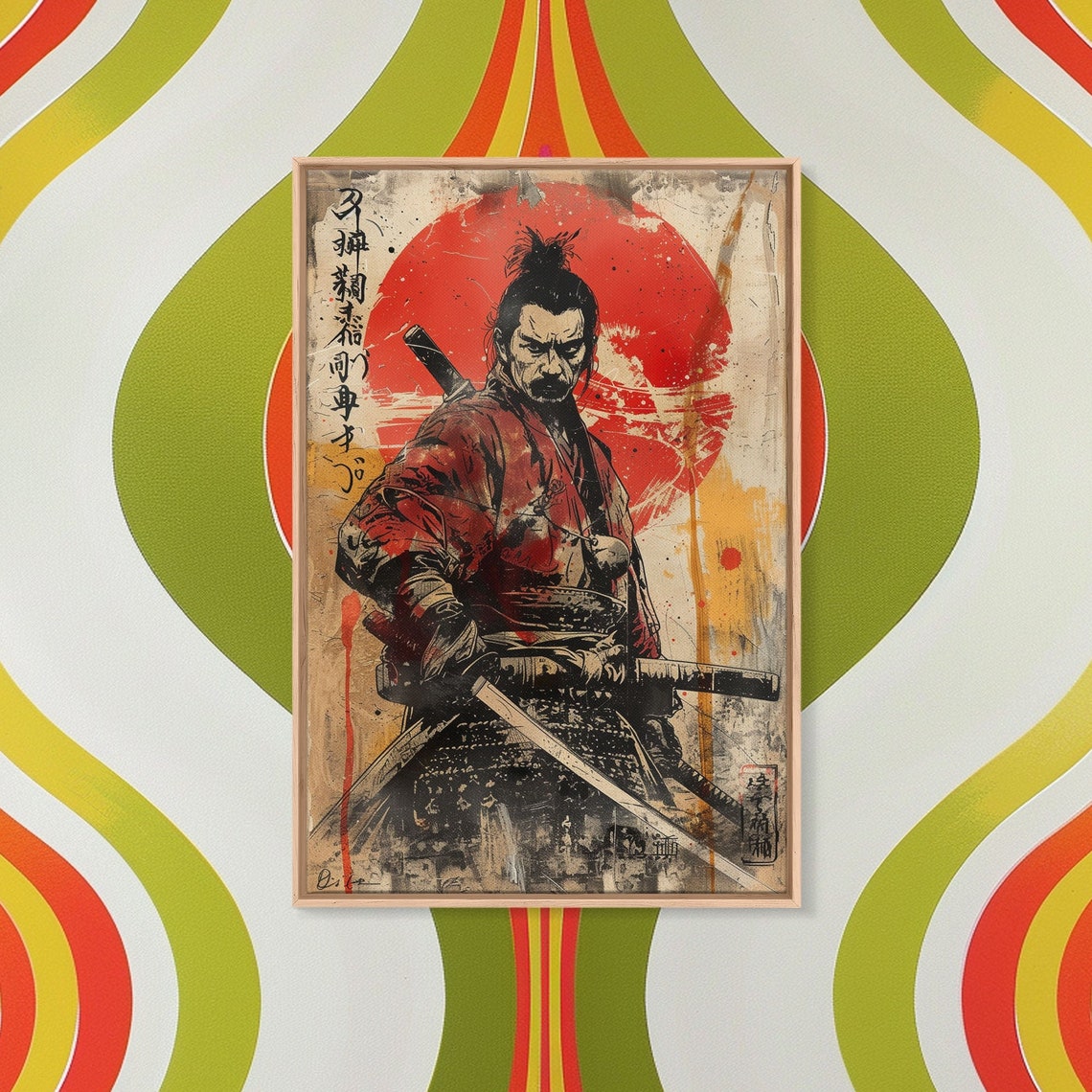 Vintage Samurai Katanas Red Sun Splatter Japanese Grunge Wall Art