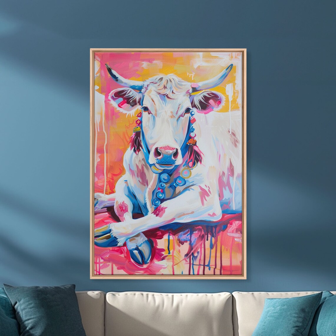 White Longhorn Cow Portrait In Colorful Pop Art Style Wall Poster - Image 5