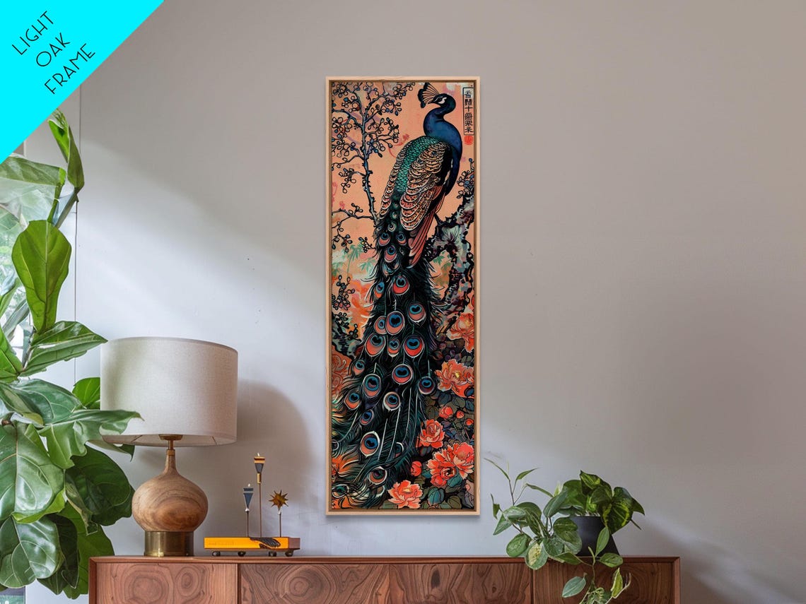Elegant Peacock Peony Blossoms Peach Background Japanese Art Poster
