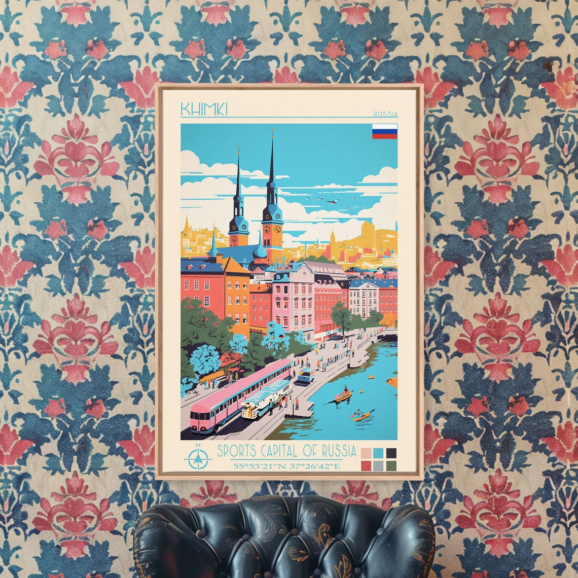 Khimki Russia River Promenade Twin Church Spires Kayakers View Poster - Image 3