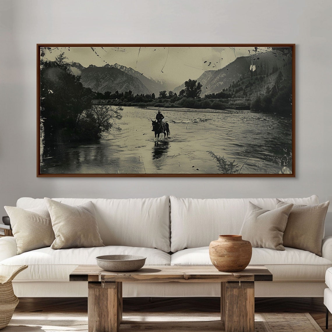 Cowboy Crossing River On Horseback Mountain Valley Sepia Western Print - Image 2