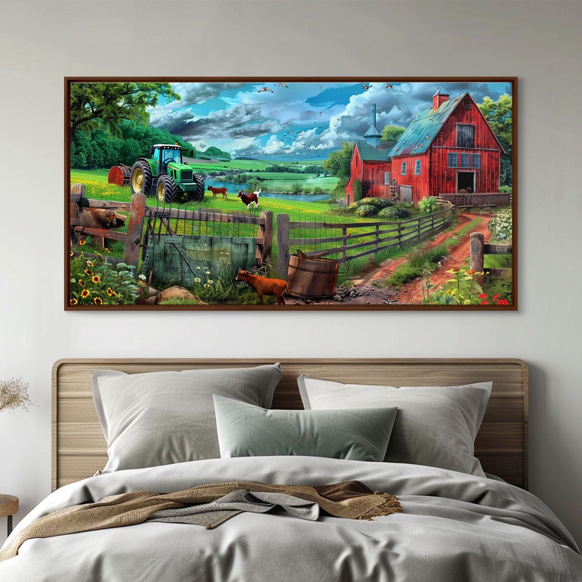 Red Barn Green Tractor Cows Gate Sunflowers Farm Valley Art Poster - Image 5