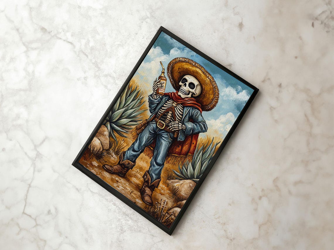 Mexican Skeleton Cowboy Sombrero Tequila Bottle Desert Art Poster - Image 6