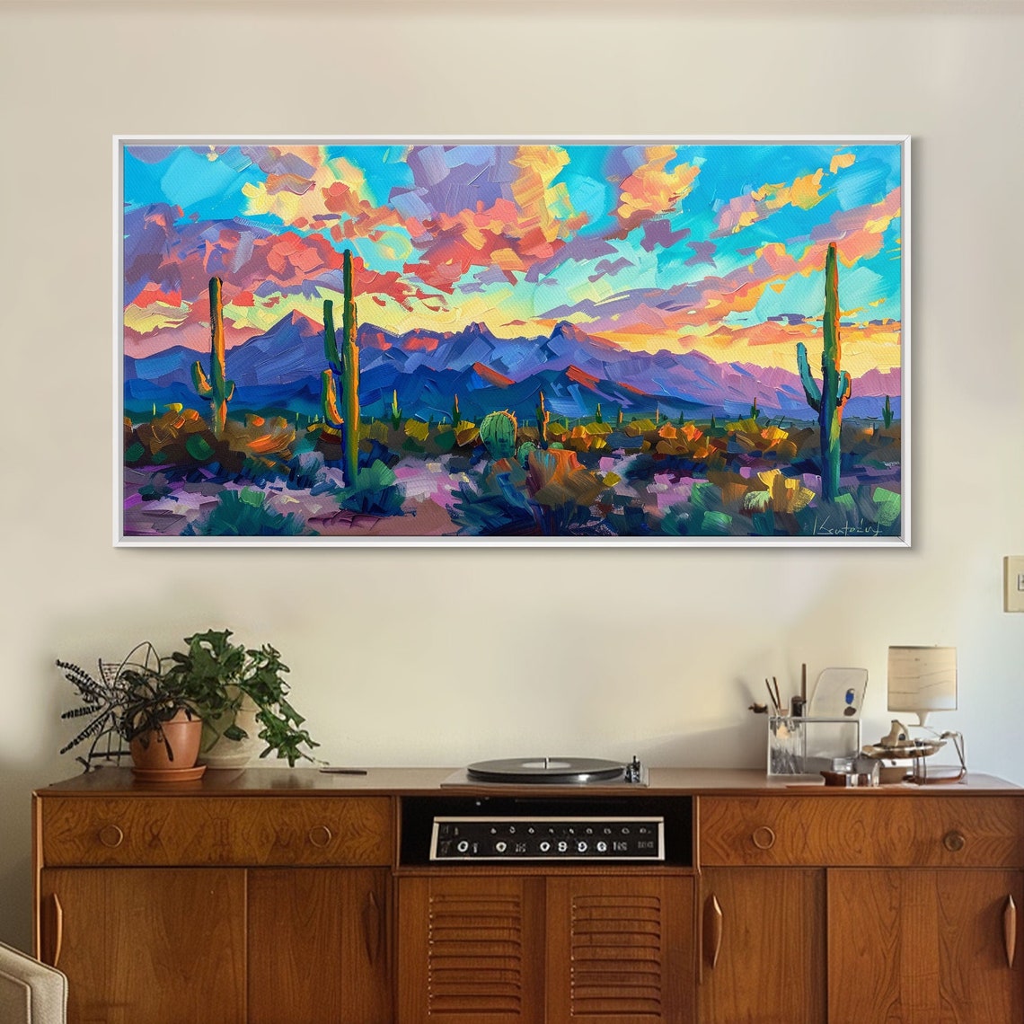 Colorful Desert Sunset Saguaro Cacti Purple Mountain Abstract Poster - Image 5