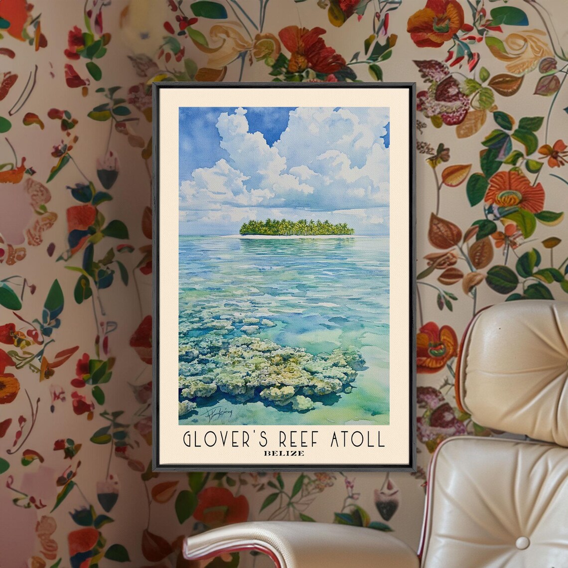 Glover's Reef Atoll Belize Palm Island Turquoise Coral Shallows Watercolor Poster - Image 2