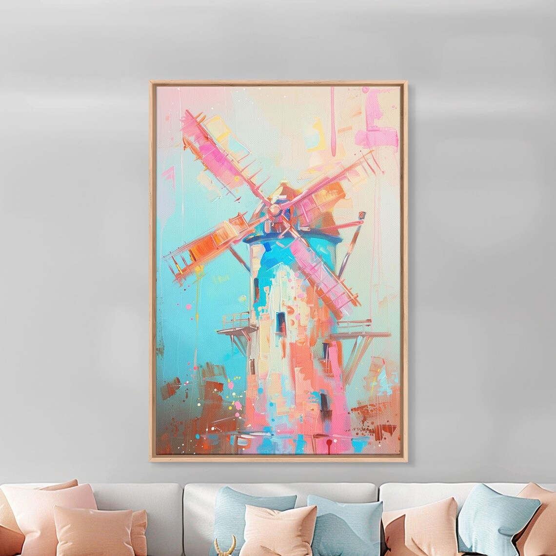 Pastel Windmill Painting In Pink Blue And Orange Soft Colors Poster - Image 2